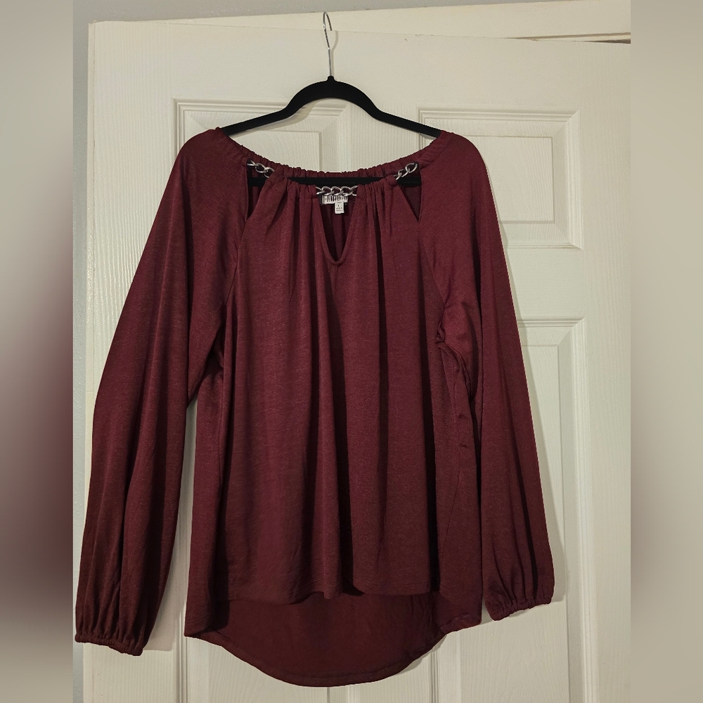 Jennifer Lopez Burgundy Blouse with Keyhole Accent